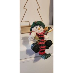 Snowman vintage stocking hanger for shelf or mantle with colorful broom & scarf